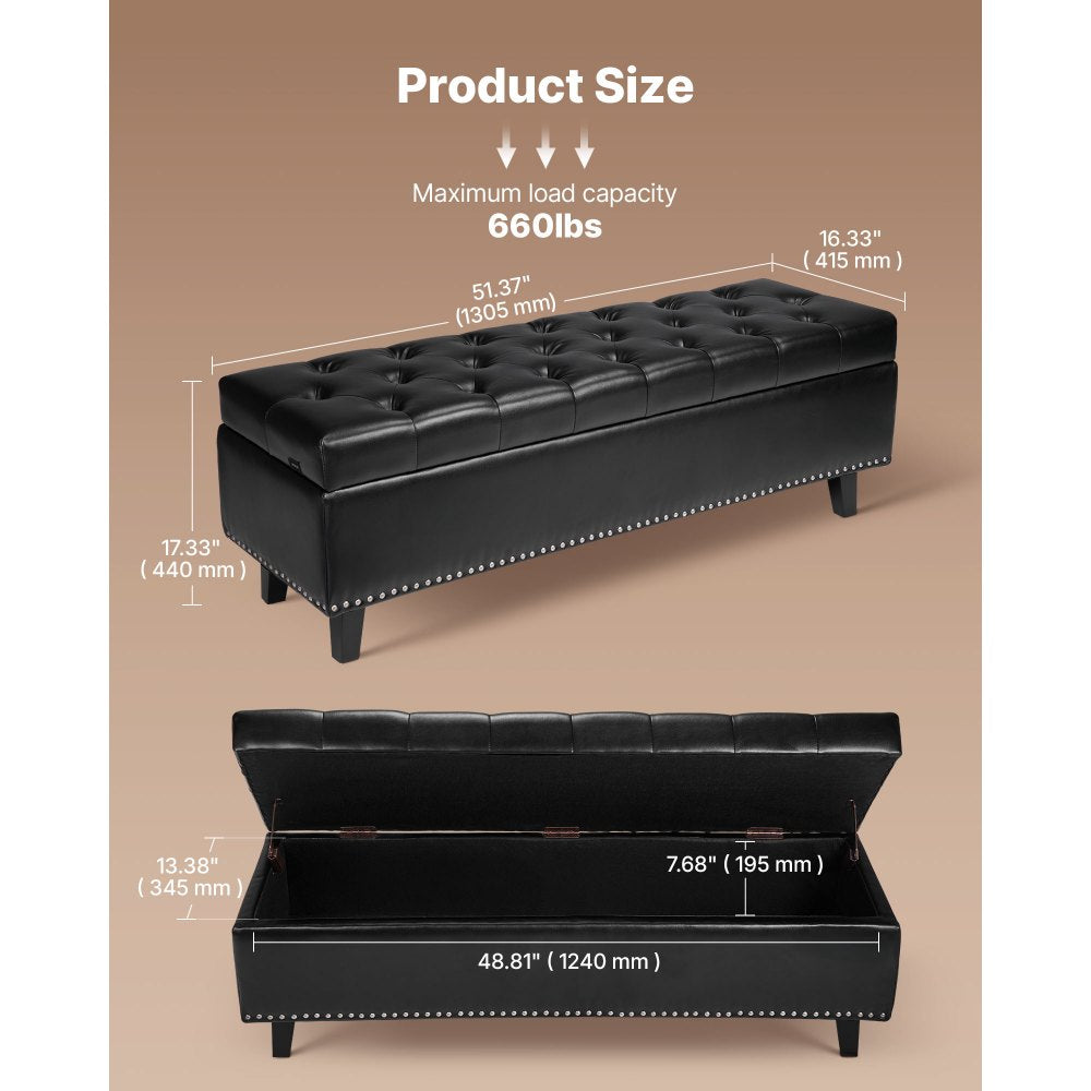 VEVOR Button-Tufted Storage Ottoman Bench, PU Leather Bench with Storage and Solid Wood Legs, Modern Shoe Benches Seat for Entryway, Upholstered End of Bed Benches for Living Room, Dining Room, Black