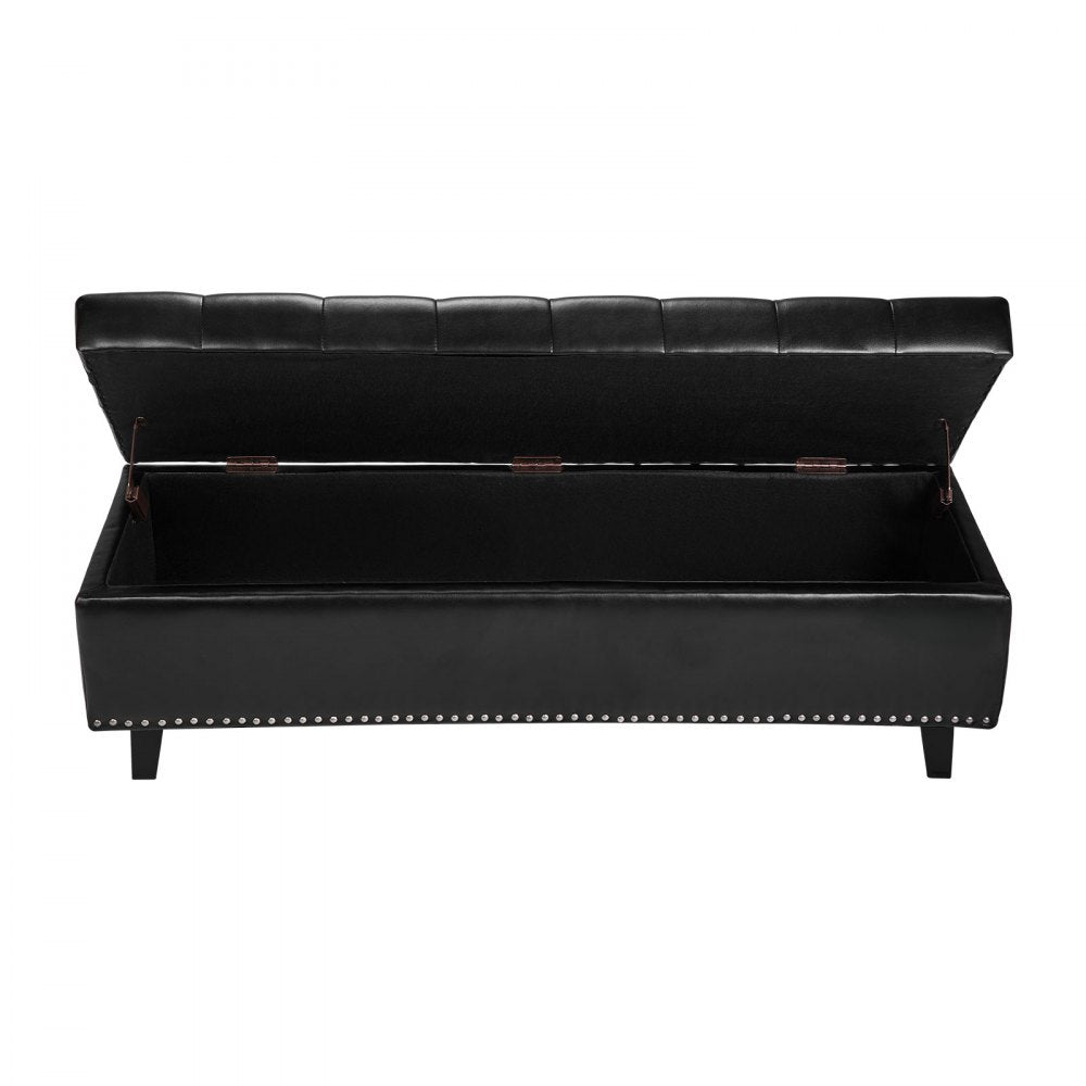 VEVOR Button-Tufted Storage Ottoman Bench, PU Leather Bench with Storage and Solid Wood Legs, Modern Shoe Benches Seat for Entryway, Upholstered End of Bed Benches for Living Room, Dining Room, Black