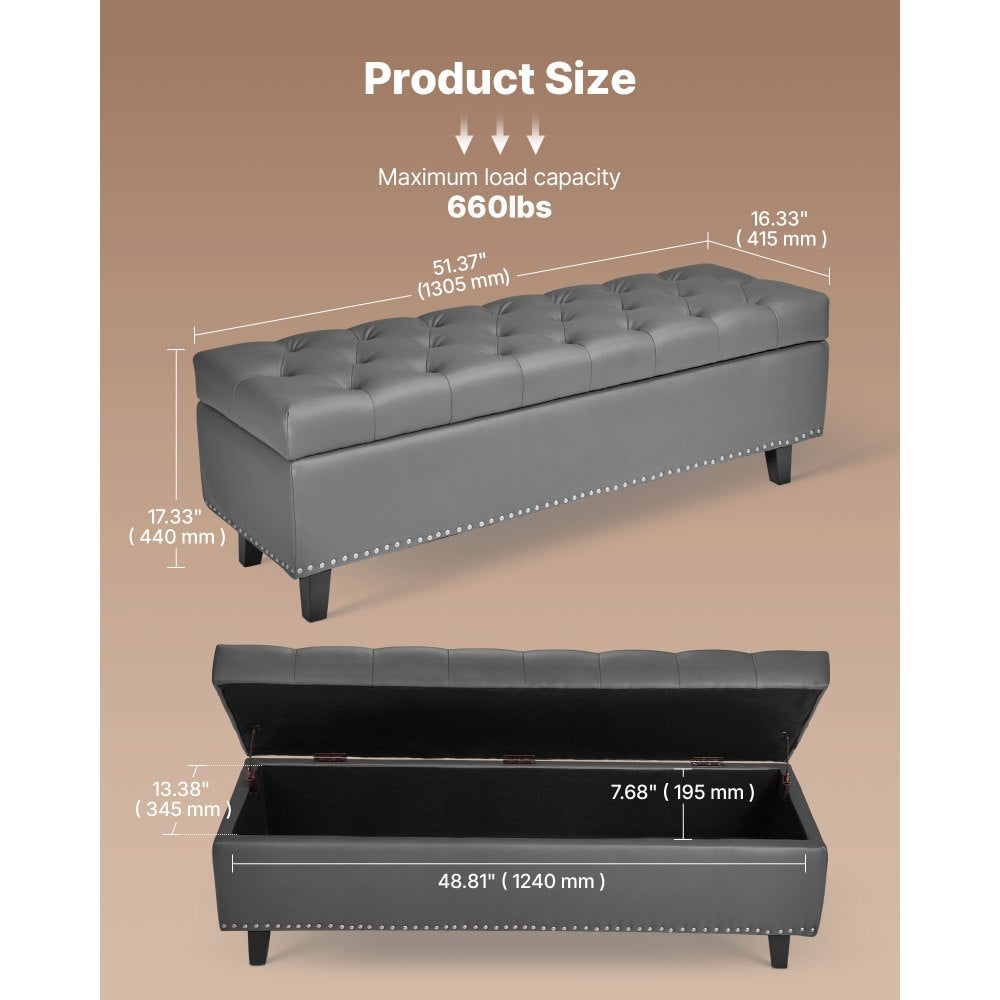 VEVOR Button-Tufted Storage Ottoman Bench, PU Leather Bench with Storage and Solid Wood Legs, Modern Shoe Benches Seat for Entryway, Upholstered End of Bed Benches for Living Room, Dining Room, Gray