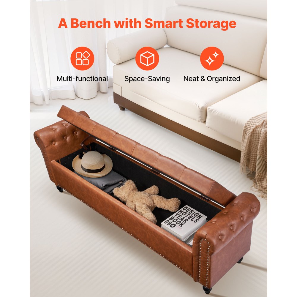 VEVOR Button-Tufted Storage Ottoman Bench, Rolled Arm PU Leather Bench with Solid Wood Legs, Modern Shoe Benches Seat for Entryway, Upholstered End of Bed Benches for Living Room, Dining Room, Brown