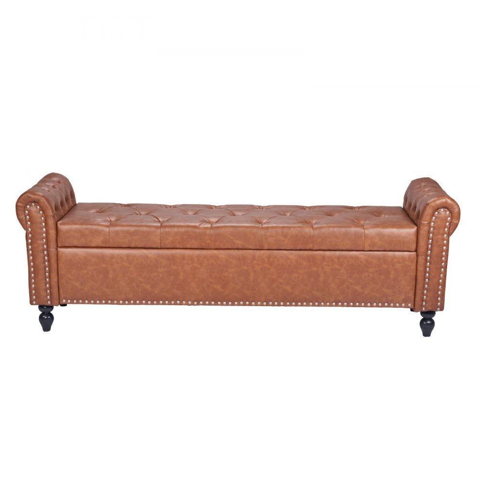 VEVOR Button-Tufted Storage Ottoman Bench, Rolled Arm PU Leather Bench with Solid Wood Legs, Modern Shoe Benches Seat for Entryway, Upholstered End of Bed Benches for Living Room, Dining Room, Brown