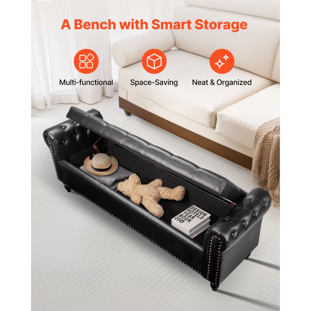VEVOR Button-Tufted Storage Ottoman Bench, Rolled Arm PU Leather Bench with Solid Wood Legs, Modern Shoe Benches Seat for Entryway, Upholstered End of Bed Benches for Living Room, Dining Room, Black