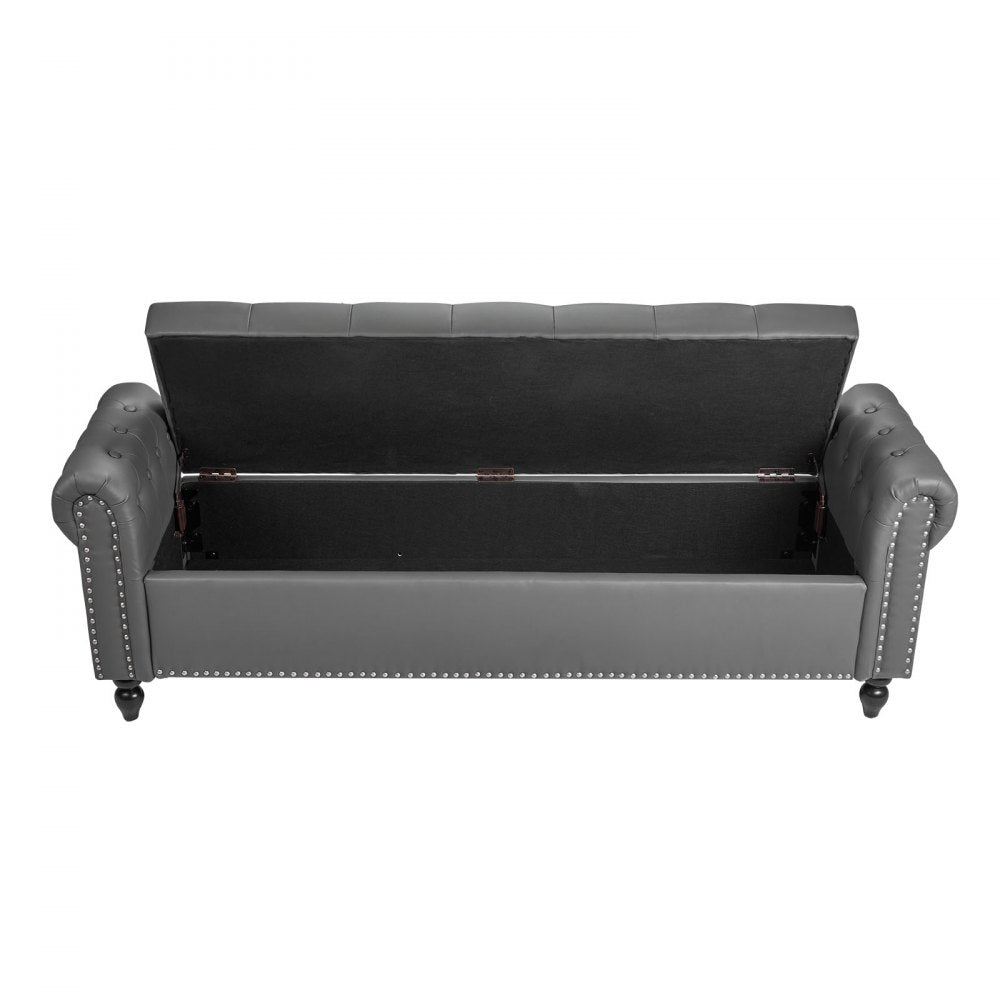 VEVOR Button-Tufted Storage Ottoman Bench, Rolled Arm PU Leather Bench with Solid Wood Legs, Modern Shoe Benches Seat for Entryway, Upholstered End of Bed Benches for Living Room, Dining Room, Gray