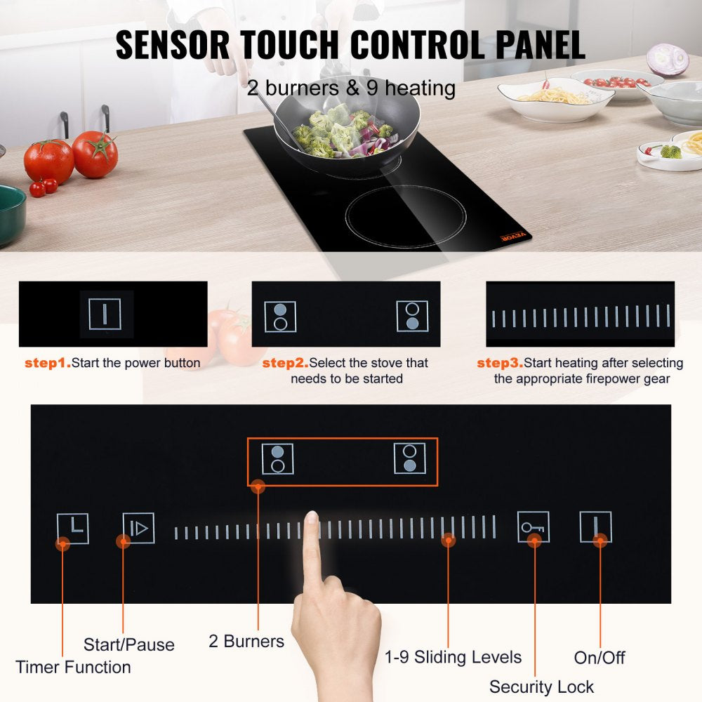 VEVOR Built in Electric Stove Top, 20 x 11.6 inch 2 Burners, 240V Glass Radiant Cooktop with Sensor Touch Control, Timer & Child Lock Included, 9 Power Levels for Simmer Steam Slow Cook Fry