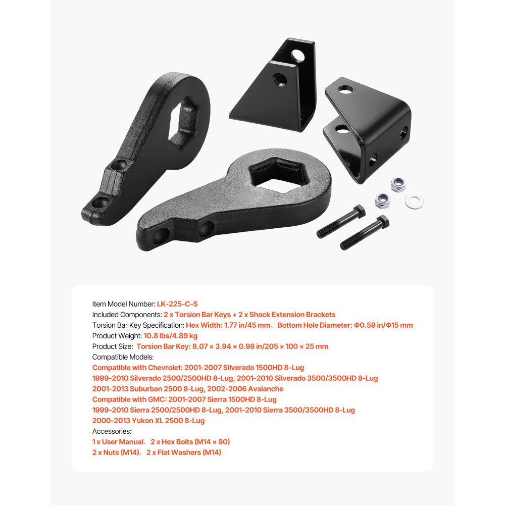 VEVOR 3 Inch Front Leveling Lift Kit for 2001-2010 Chevy Silverado/GMC Sierra 2500HD/3500HD 8-Lug, 01-07 Silverado/Sierra 1500HD, Torsion Bar Keys Suspension Level Kit with 2 Shock Extension Brackets