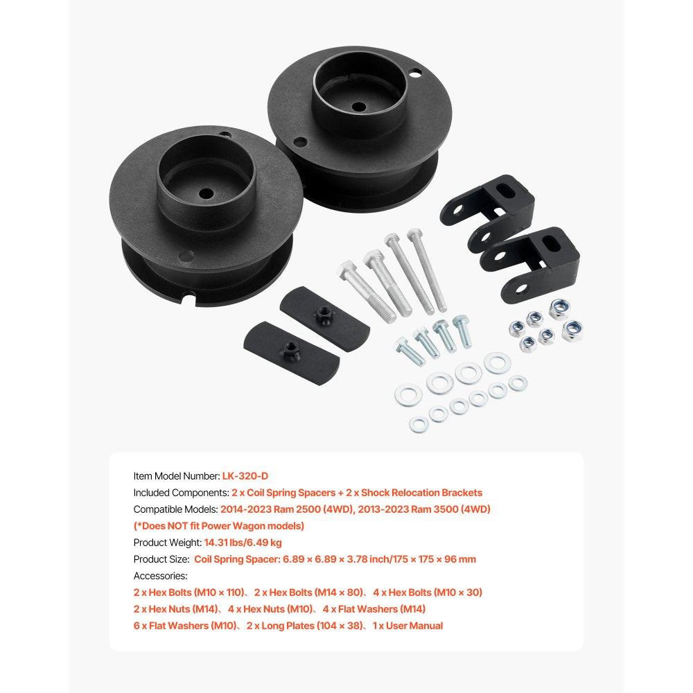 VEVOR 2.5 Inch Front Leveling Lift Kit for 2014-2023 Dodge Ram 2500 4WD, 2013-2023 Ram 3500 4WD, Chassis Level Kit with Coil Spring Spacers & Shock Relocation Brackets, Steel Suspension Leveling Kit