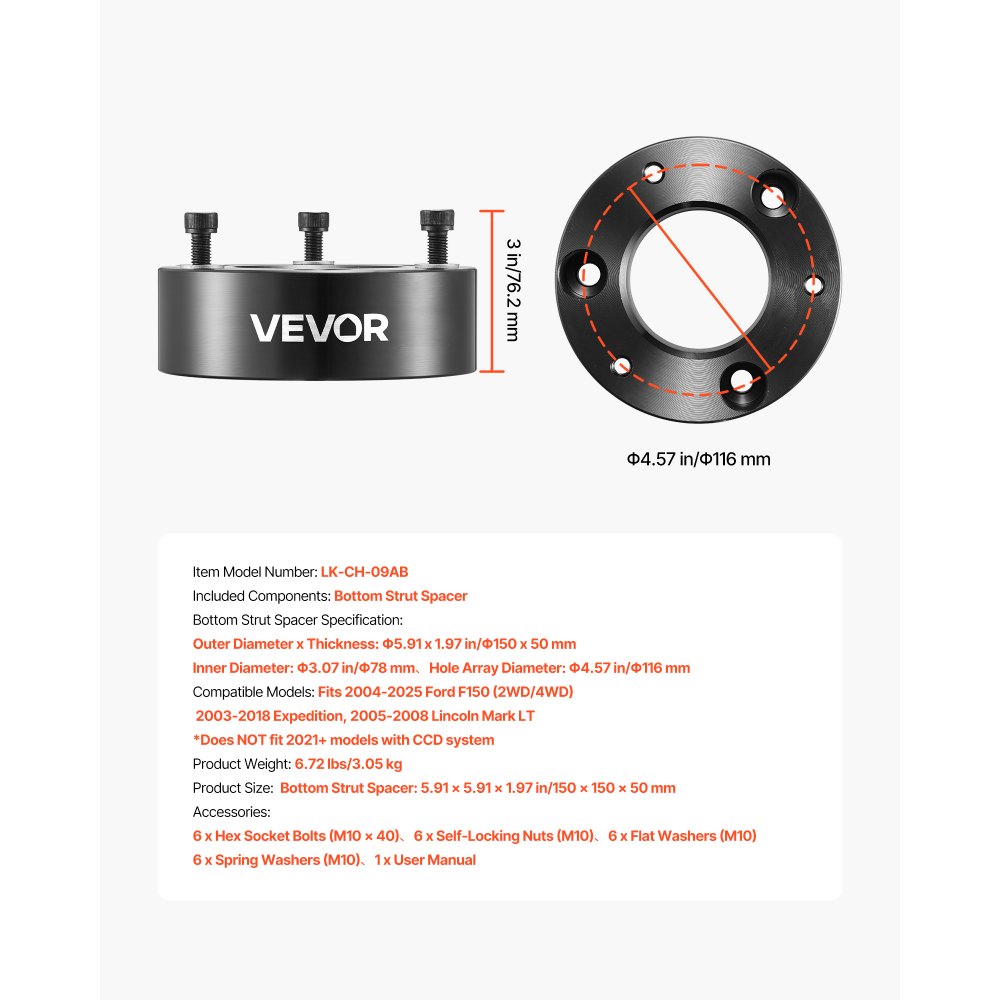 VEVOR 3 Inch Front Leveling Lift Kit for 2004-2025 Ford F150 2WD/4WD, 2003-2018 Expedition, 2005-2008 Lincoln Mark LT, Chassis Level Kit with 2PCS Heavy Duty Forged Aluminum Suspension Strut Spacers