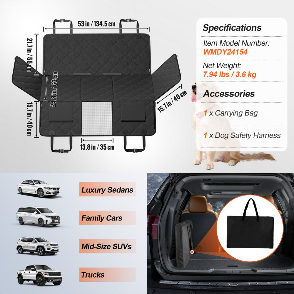 VEVOR Back Seat Extender for Dogs,Dog Hammock for Car Back seat, Dog Car Seat Cover with Hard Bottom Dog Car Seat Bed 53"x24.8" ,Supports 350lb with Mesh Window and Storage Pocket for Car, SUV,Truck