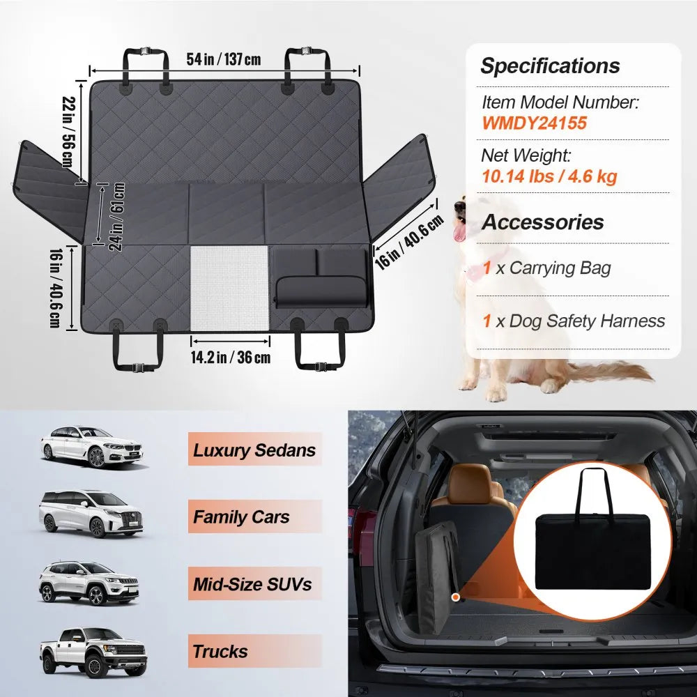 VEVOR Back Seat Extender for Dogs,Dog Hammock for Car Back seat,Waterproof Hard Bottom Dog Car Seat Cover for Back Seat 54"x24",Supports 400lbs with Mesh Window and Storage Pocket for Car, SUV