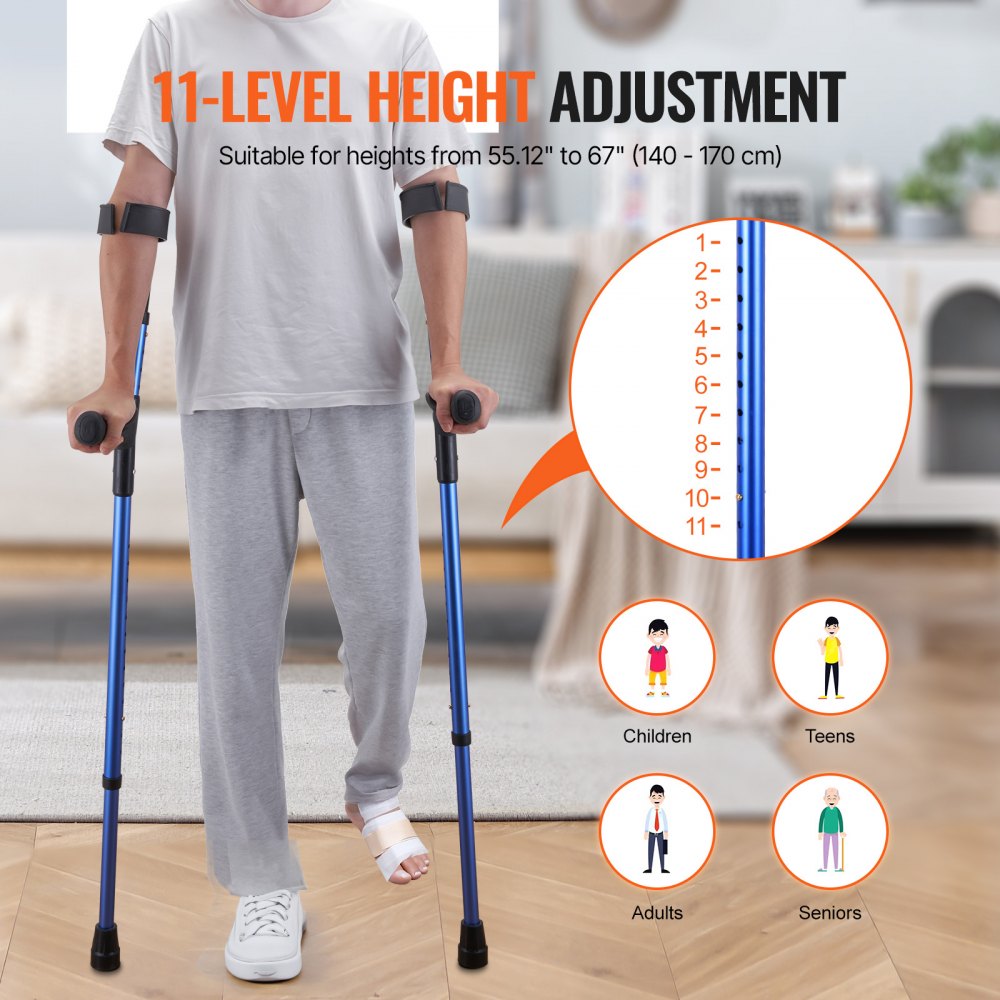 VEVOR Forearm Crutches for Adults, 11-Level Height Adjustable Walking Crutches with 4-Level Upper Cuff, Lightweight Aluminum Medical Support Crutches for Leg Injury Surgery Disabled, 1 Pair (350LBS)