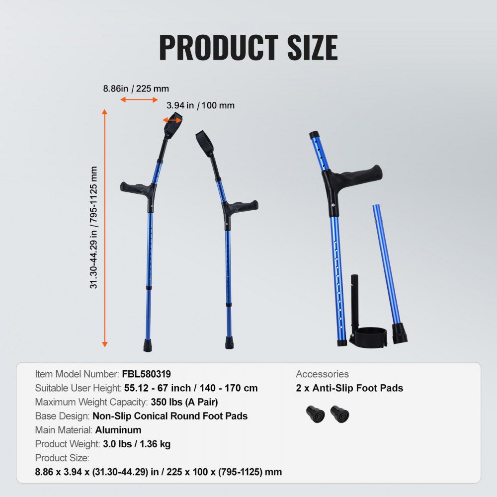 VEVOR Forearm Crutches for Adults, 11-Level Height Adjustable Walking Crutches with 4-Level Upper Cuff, Lightweight Aluminum Medical Support Crutches for Leg Injury Surgery Disabled, 1 Pair (350LBS)