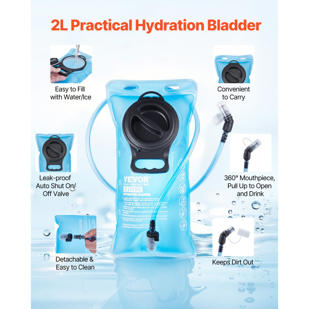 VEVOR Hydration Backpack with 2L TPU Water Bladder, Hydration Pack Backpack, Lightweight Hiking Water Backpack for Men Women, Hydro Water Daypack for Hiking, Running, Cycling, Camping & Rave