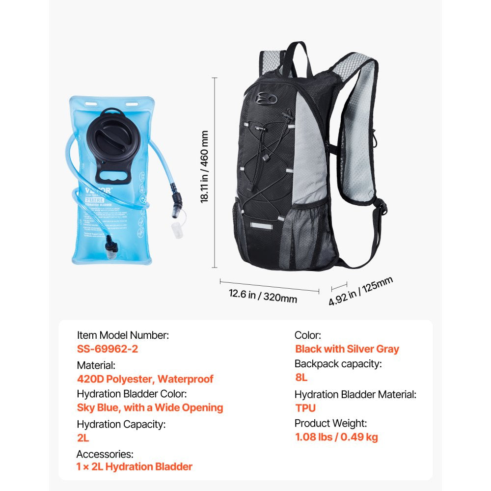VEVOR Hydration Backpack with 2L TPU Water Bladder, Hydration Pack Backpack, Lightweight Hiking Water Backpack for Men Women, Hydro Water Daypack for Hiking, Running, Cycling, Camping & Rave