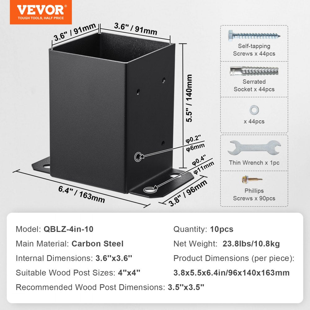 VEVOR 4x4 Post Base 10 Pcs, Inner Size 3.6"x3.6" Post Base Brackets, Heavy Duty Powder-Coated Post Anchor Matte Black Wood Post Brackets for Pavilion Deck Railing Support Deck Base Plate