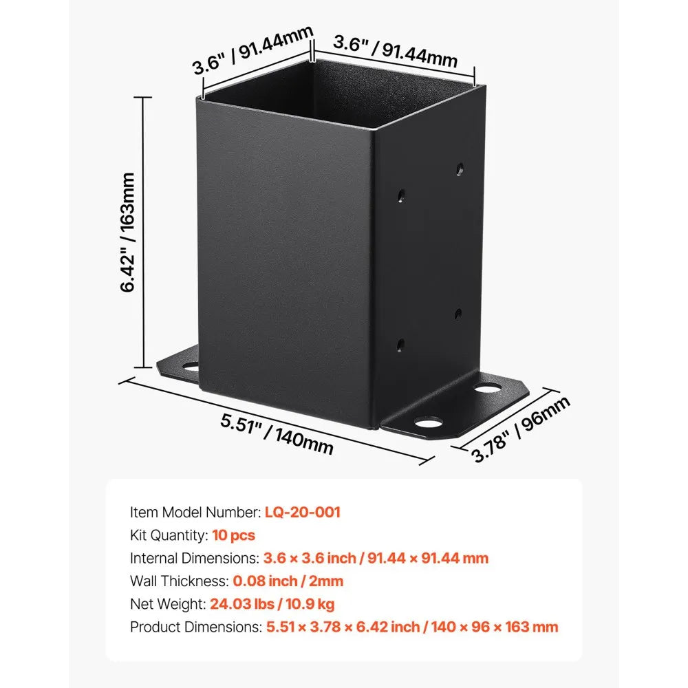 VEVOR 4x4 Post Base 10 Pcs, Inner Size 3.6x3.6 inch / 91.44x91.44 mm Post Brackets, Heavy Duty Carbon Steel Decking Posts, Wood Posts Brackets for Pavilion Deck Railing Support Deck Base Plate, Black