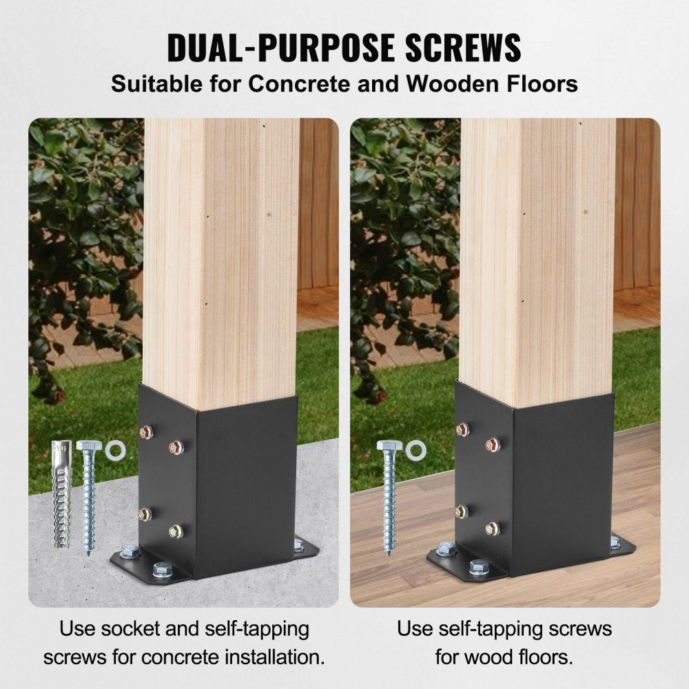 VEVOR 4x4 Post Base 2 Pcs, Inner Size 3.6"x3.6" Post Base Brackets, Heavy Duty Powder-Coated Post Anchor Matte Black Wood Post Brackets for Pavilion Deck Railing Support Deck Base Plate