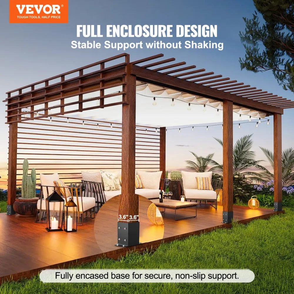 VEVOR 4x4 Post Base 4 Pcs, Inner Size 3.6"x3.6" Post Base Brackets, Heavy Duty Powder-Coated Post Anchor Matte Black Wood Post Brackets for Pavilion Deck Railing Support Deck Base Plate