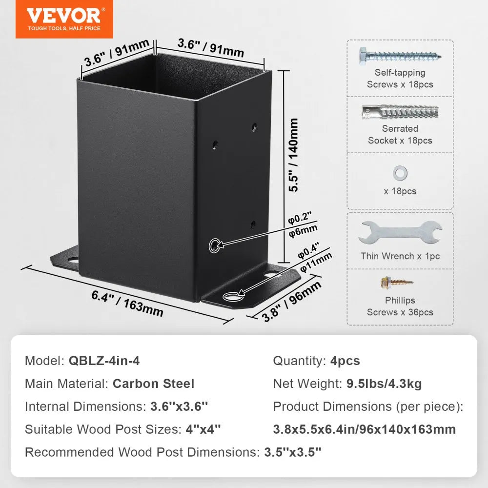 VEVOR 4x4 Post Base 4 Pcs, Inner Size 3.6"x3.6" Post Base Brackets, Heavy Duty Powder-Coated Post Anchor Matte Black Wood Post Brackets for Pavilion Deck Railing Support Deck Base Plate
