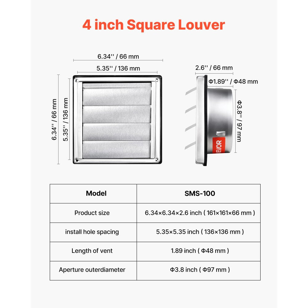 VEVOR 4 inch Wall Vent Cover, Louvered Square AC Vent Gable Cover, Premium Stainless Steel & with Noise Reducing Rubber Gasket, for House,Bathroom,Garage,Kitchen,Basement (1 Pack, Silver)