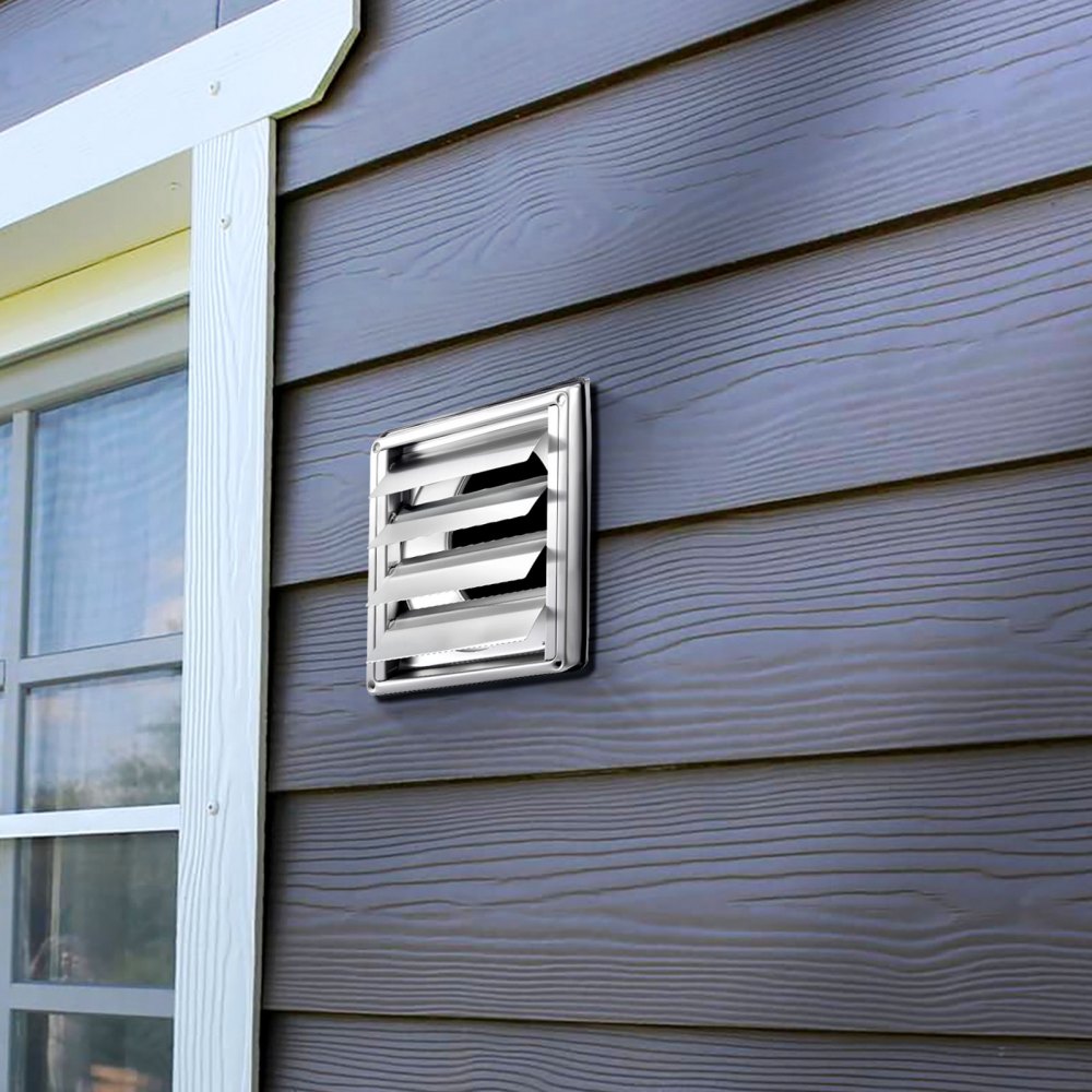 VEVOR 4 inch Wall Vent Cover, Louvered Square AC Vent Gable Cover, Premium Stainless Steel & with Noise Reducing Rubber Gasket, for House,Bathroom,Garage,Kitchen,Basement (1 Pack, Silver)