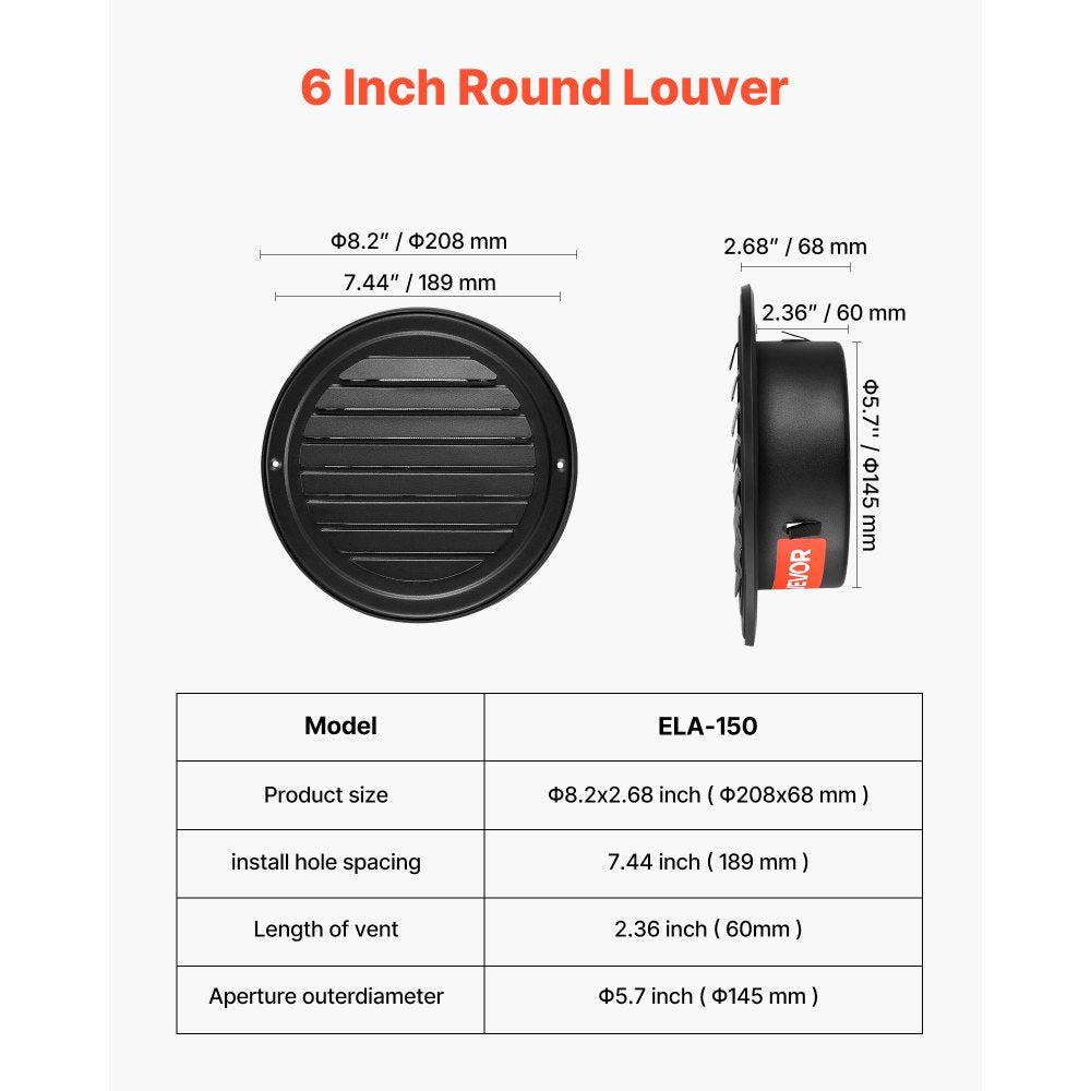 VEVOR 6 inch Wall Vent Cover, Louvered Round AC Vent Gable Cover, Premium Stainless Steel & with Built-in a Protection Screen, for House,Bathroom,Garage,Kitchen,Basement (2 Pack, Black)