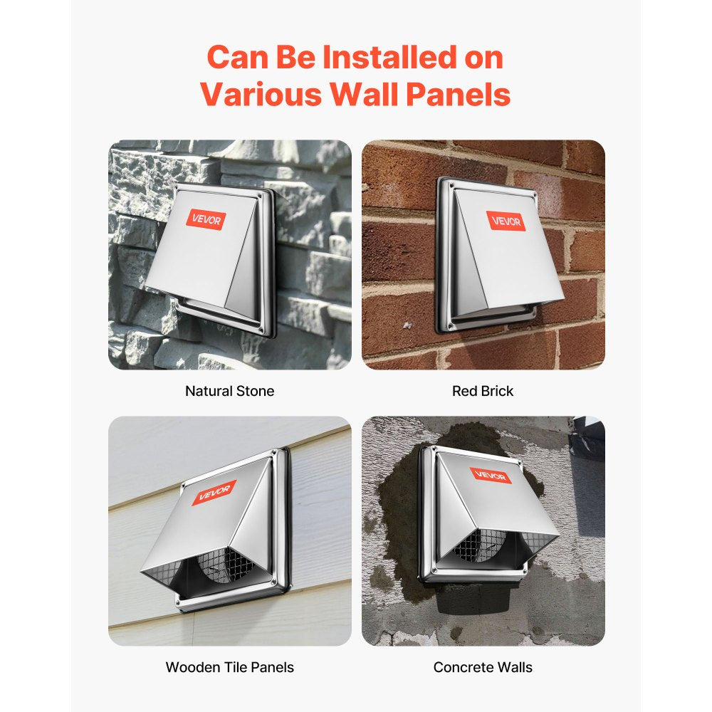 VEVOR 4 inch External Extractor Wall Vent Cover, Square AC Vent Gable Cover, Premium Stainless Steel & with Built-in a Protection Screen, for House,Bathroom,Garage,Kitchen,Basement (1 Pack, Silver)