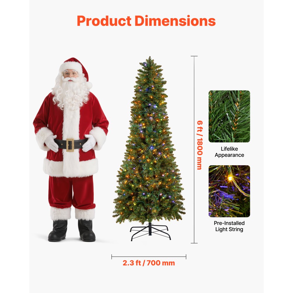 VEVOR Christmas Tree, 6ft Prelit Artificial Xmas Tree, Full Holiday Decor Trees with 240 Colorful LED Lights, 11 Lighting Modes, 635 Branch Tips & Sturdy Metal Base for Home Party Office Decoration