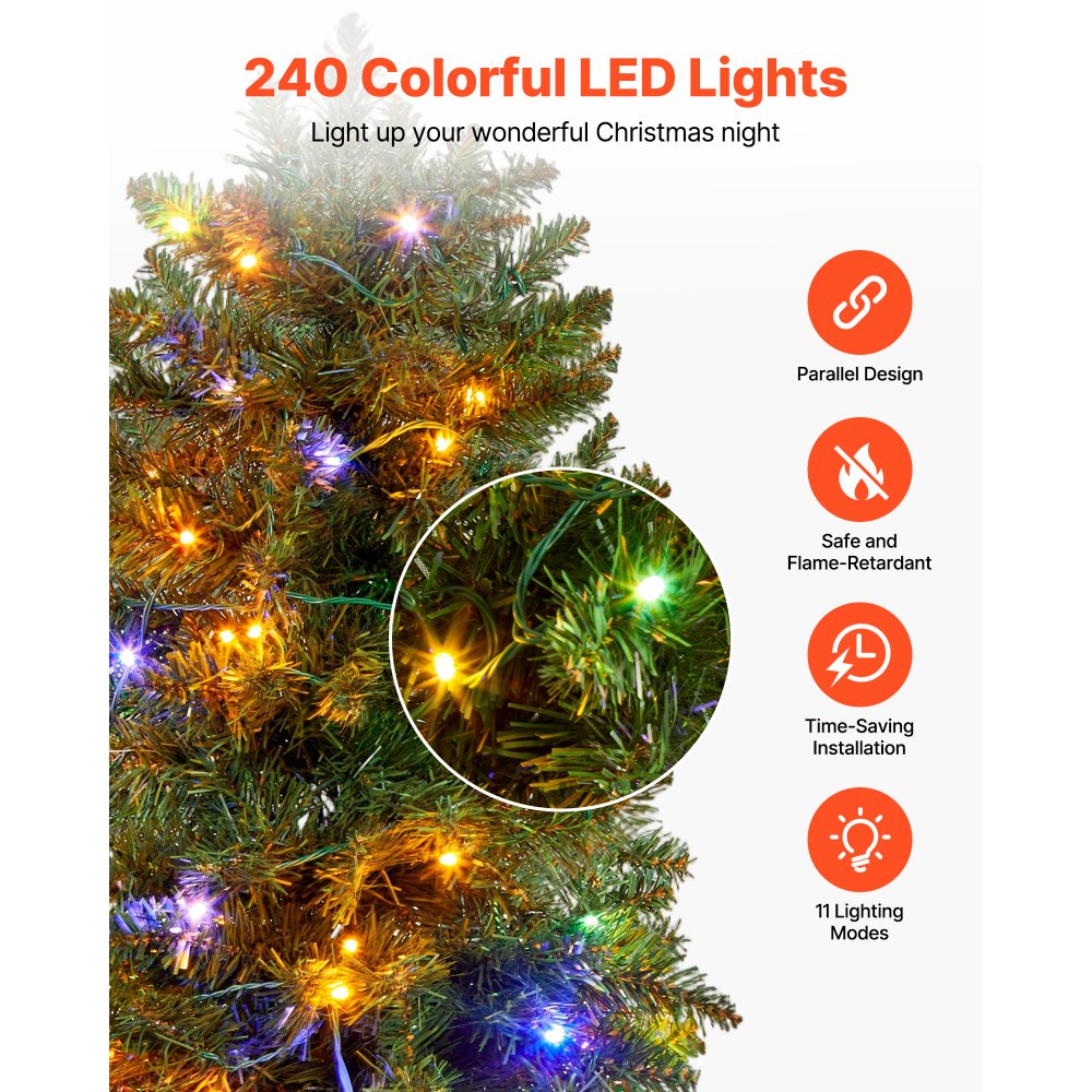 VEVOR Christmas Tree, 6ft Prelit Artificial Xmas Tree, Full Holiday Decor Trees with 240 Colorful LED Lights, 11 Lighting Modes, 635 Branch Tips & Sturdy Metal Base for Home Party Office Decoration