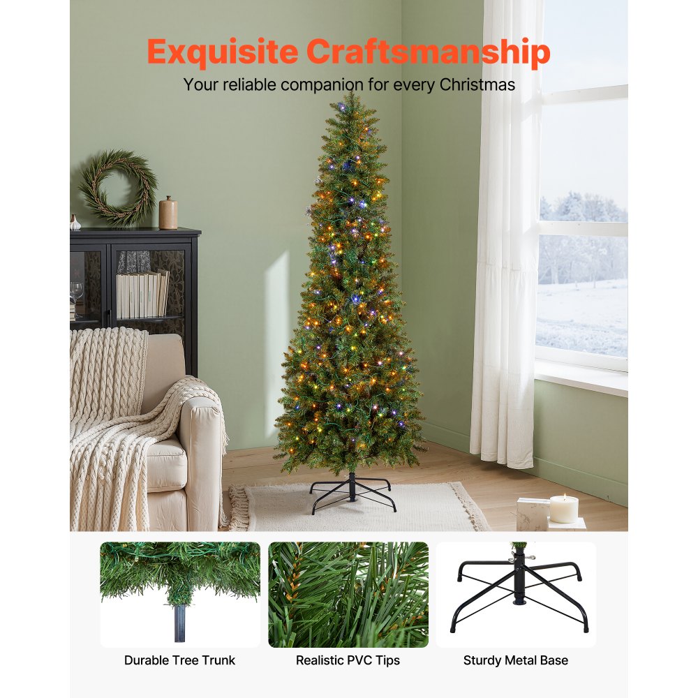 VEVOR Christmas Tree, 6ft Prelit Artificial Xmas Tree, Full Holiday Decor Trees with 240 Colorful LED Lights, 11 Lighting Modes, 635 Branch Tips & Sturdy Metal Base for Home Party Office Decoration