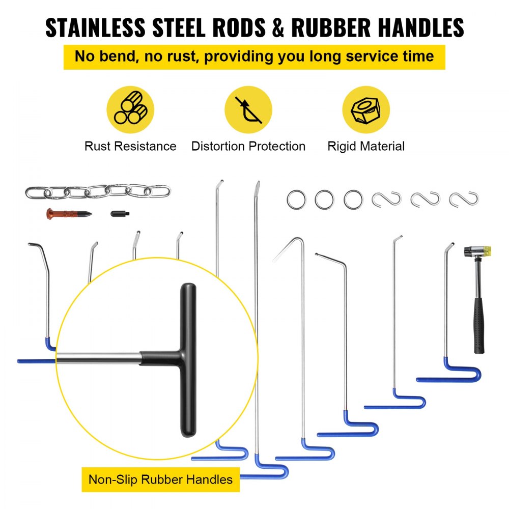 VEVOR Rods Dent Removal Kit, 20 Pcs Paintless Dent Repair Rods, Stainless Steel Dent Rods, Whale Tail Dent Repair Tools, Professional Hail Dent Removal Tool For Minor Dents, Door Dings And Hail Damage