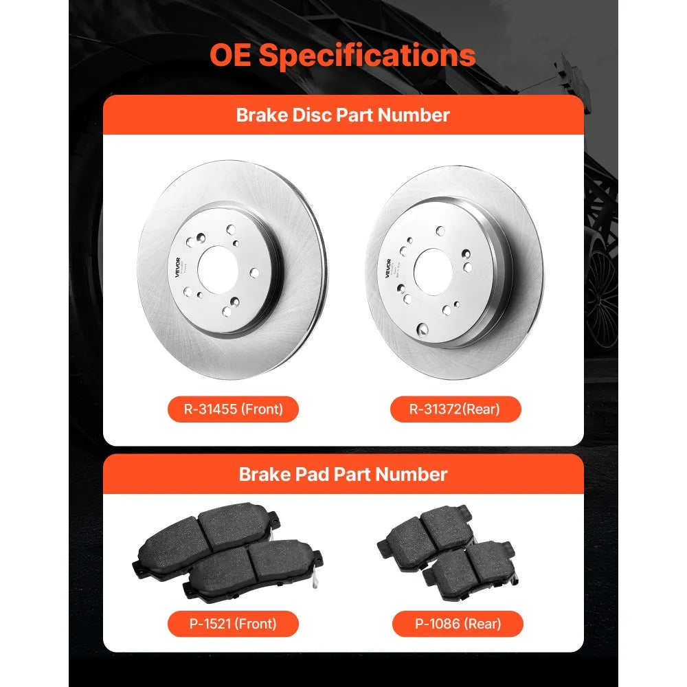 VEVOR Front & Rear Brake Kit Compatible with 2012-2016 Honda CR-V (AWD Models), Ceramic Brake Replacement Kits, 12 inch Hollow Structure Front Rotors, 12 inch Solid Structure Rear Rotors, R-31455