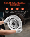 Drilled and slotted cast iron brake disc feature graphic