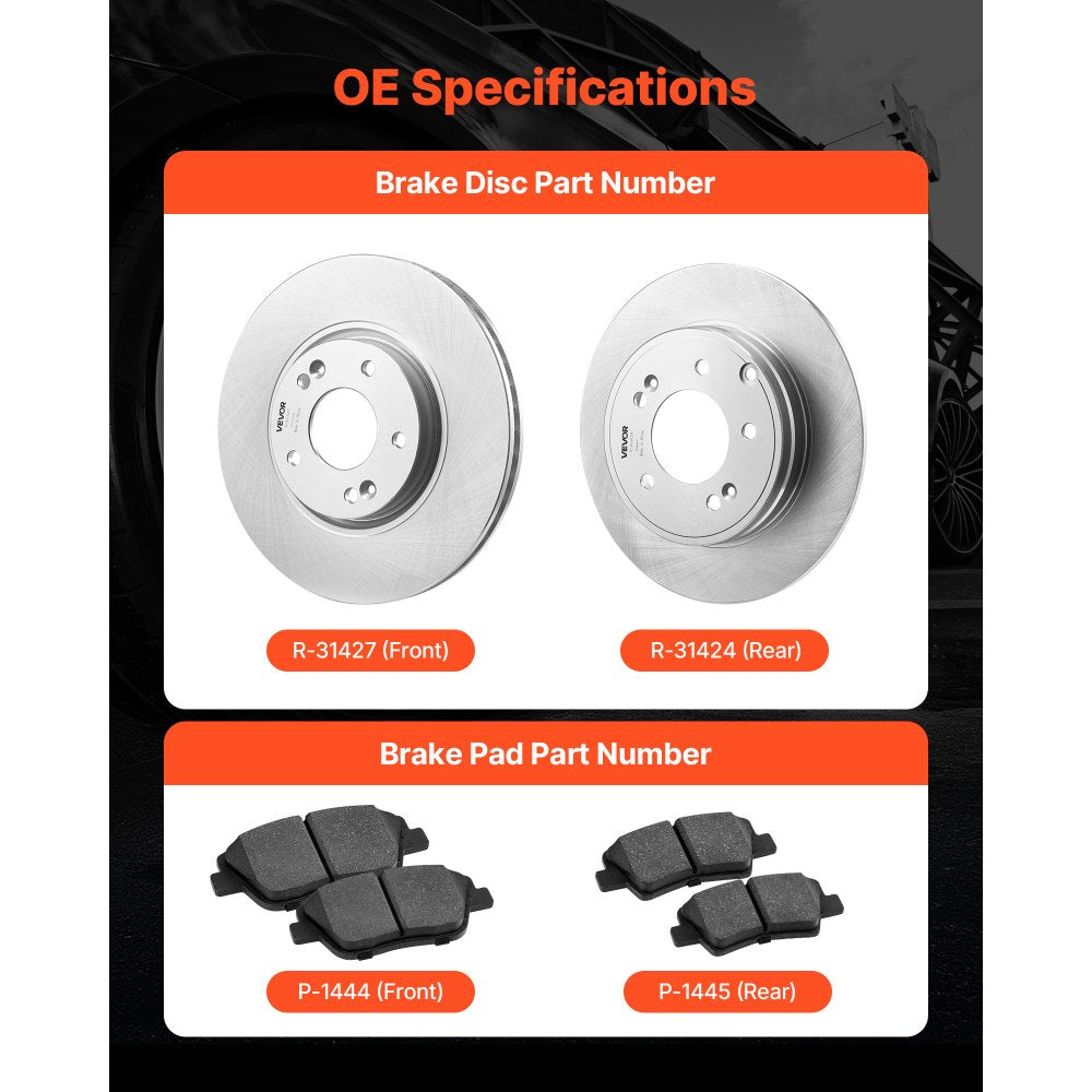 VEVOR Front & Rear Brake Kit Compatible with 2011-2014 Hyundai Sonata, 2015 Hyundai Sonata (Hybrid, Hybrid Limited; Non-Turbo; Models w/Manual Parking Brake), Hollow Brake Rotors & Solid Rear Rotors