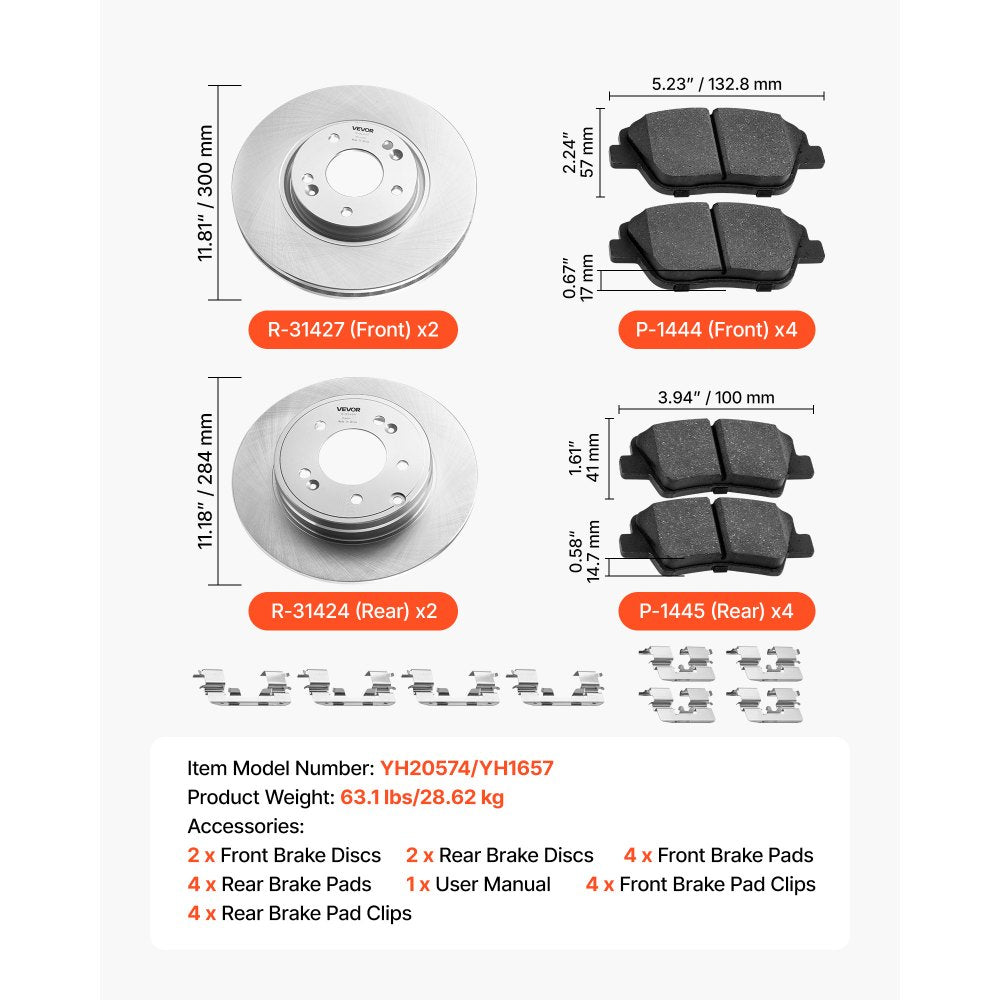 VEVOR Front & Rear Brake Kit Compatible with 2011-2014 Hyundai Sonata, 2015 Hyundai Sonata (Hybrid, Hybrid Limited; Non-Turbo; Models w/Manual Parking Brake), Hollow Brake Rotors & Solid Rear Rotors