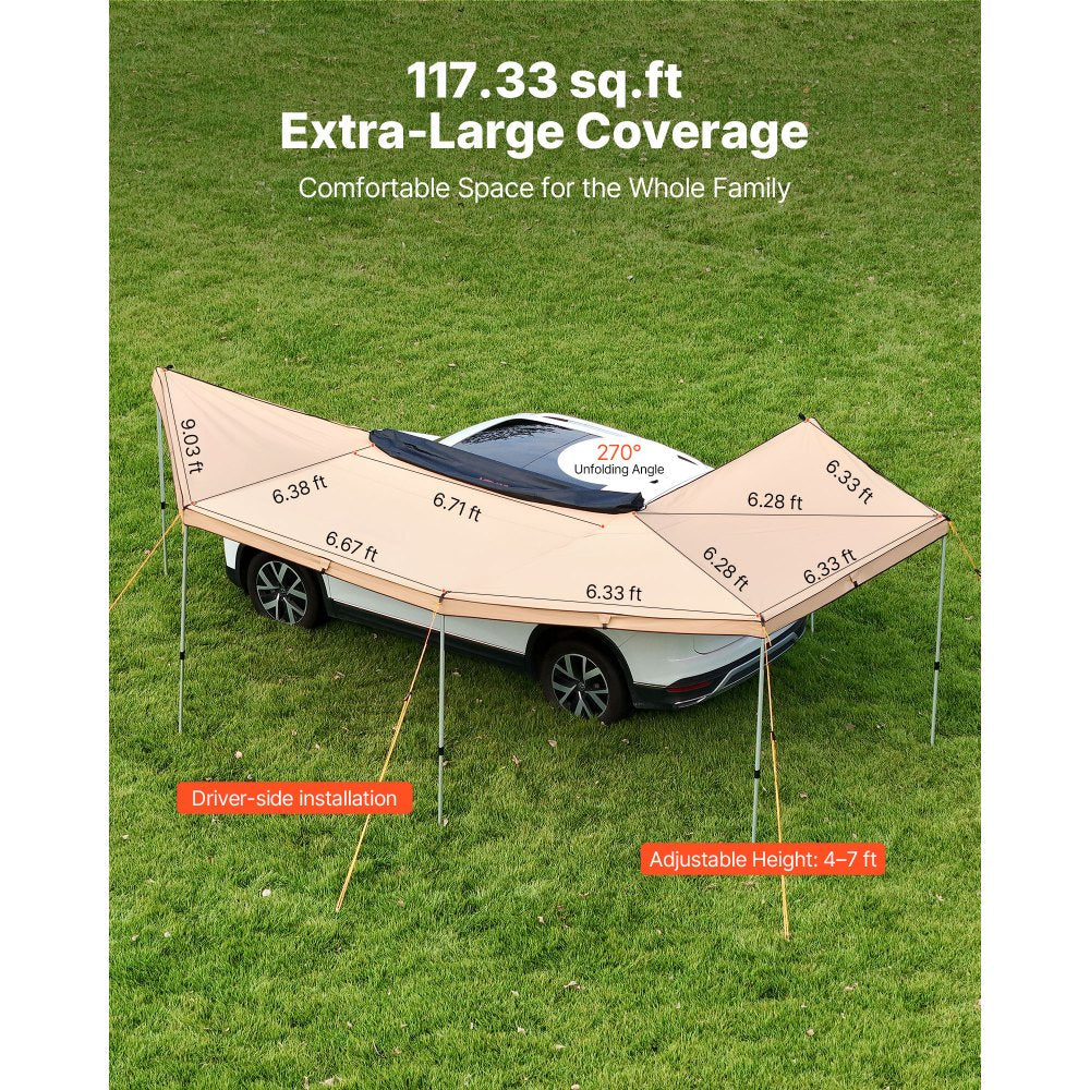VEVOR 270 Degree Awning with Bulit-in LED Lights, 117 sq.ft Driver Side Vehicle Awning, Waterproof UV50+ Car Side Awnings, All-Weather Free-Standing Overland Awnings Car Shelter for SUV Truck Camping