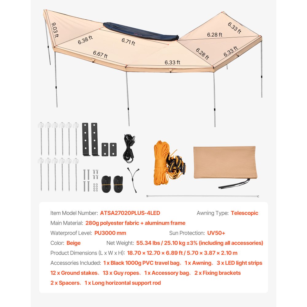VEVOR 270 Degree Awning with Bulit-in LED Lights, 117 sq.ft Driver Side Vehicle Awning, Waterproof UV50+ Car Side Awnings, All-Weather Free-Standing Overland Awnings Car Shelter for SUV Truck Camping