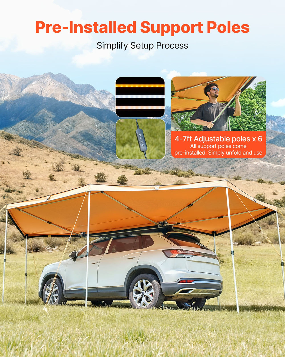 VEVOR 270 Degree Awning with Bulit-in LED Lights, 117 sq.ft Driver Side Vehicle Awning, Waterproof UV50+ Car Side Awnings, All-Weather Free-Standing Overland Awnings Car Shelter for SUV Truck Camping
