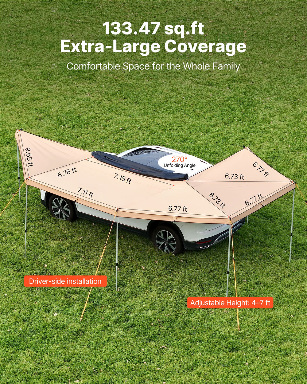 VEVOR 270 Degree Awning with Bulit-in LED Lights, 133 sq.ft Driver Side Vehicle Awning, Waterproof UV50+ Car Side Awnings, All-Weather Free-Standing Overland Awnings Car Shelter for SUV Truck Camping