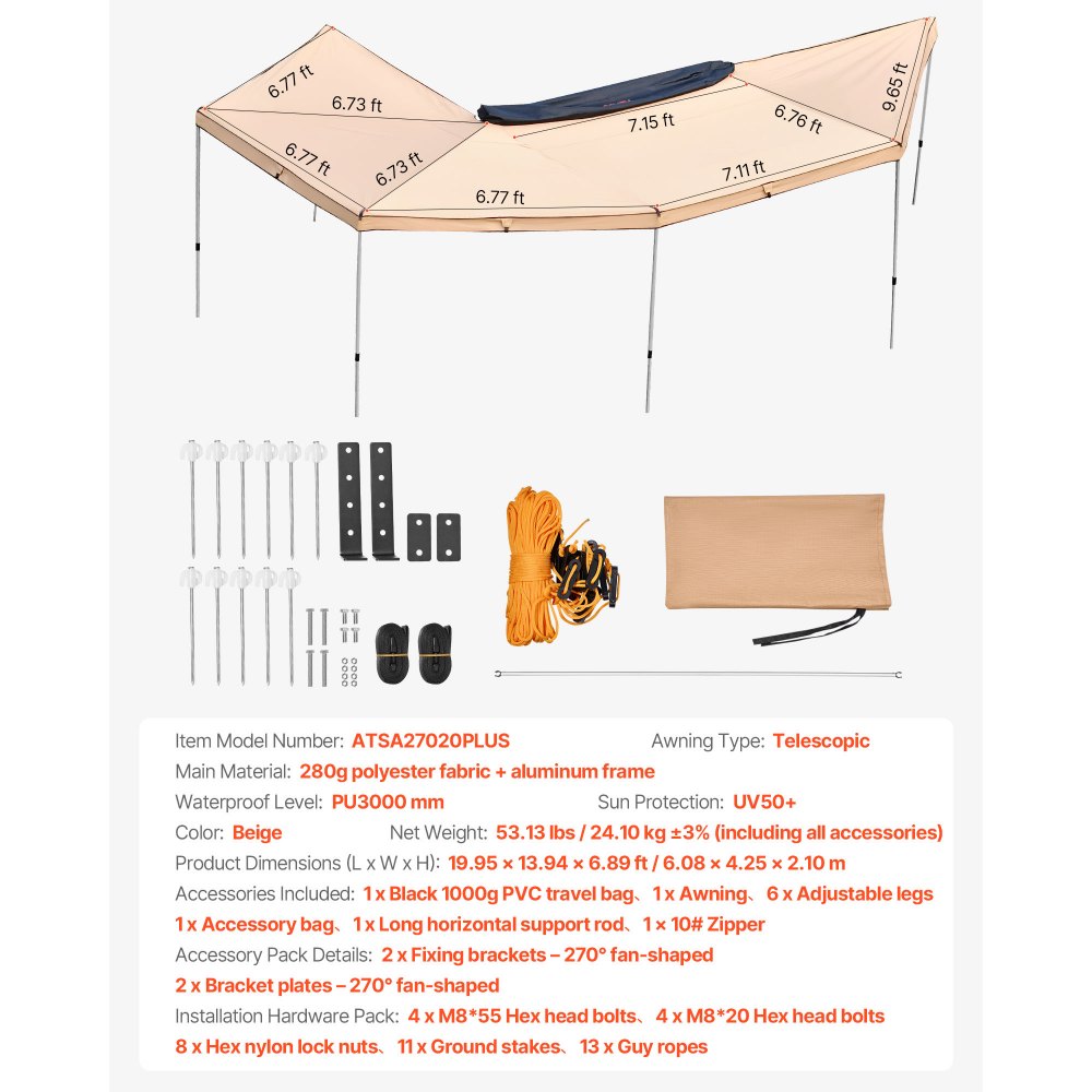 VEVOR 270 Degree Awning, 133 sq.ft Driver Side Vehicle Awning, Waterproof UV50+ Car Side Awnings with Carry Bag, All-Weather Free-Standing Overland Awnings Car Shelter for SUV Van Truck Camping