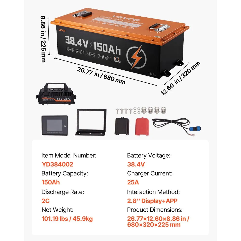 VEVOR 36V (38.4V) 150AH Lithium Golf Cart Battery, with 25A Charger, Lifepo4 Battery Kit, Built-in 250A BMS, with Bluetooth Mobile APP & Touch Monitor, 4000 Cycles, for Golf Carts, Trolling Motors