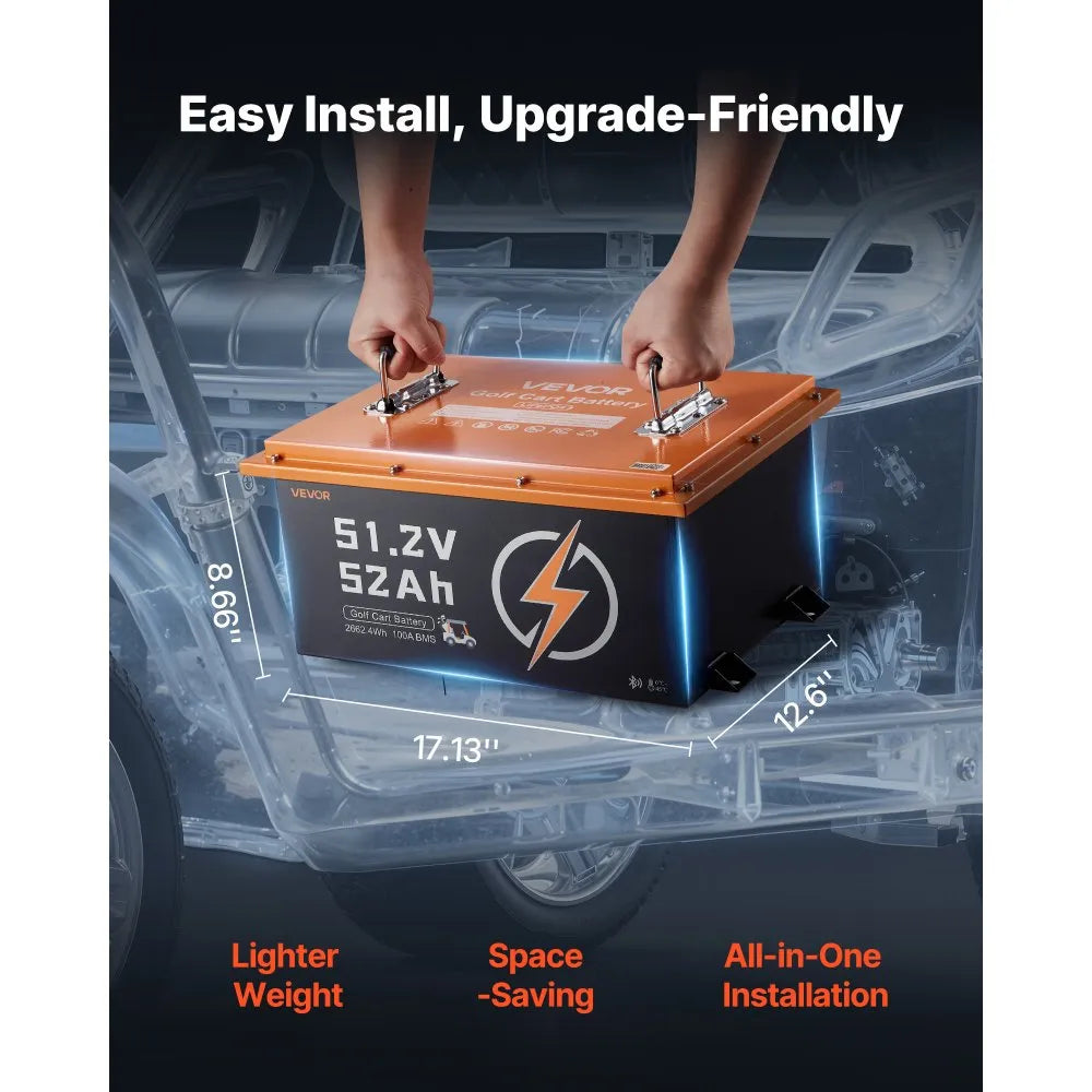 VEVOR 48V (51.2V) 52AH Lithium Golf Cart Battery, with 15A Charger, Lifepo4 Battery Kit, Built-in 100A BMS, with Bluetooth Mobile APP & Display Monitor, 4000 Cycles, for Golf Carts, Trolling Motors