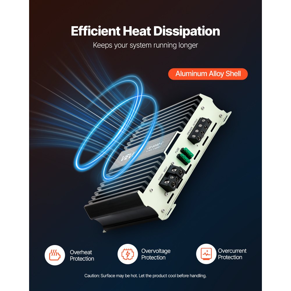 VEVOR Monoblock Car Amplifier, 800W RMS MAX, 1/2/4 Ohm Stable, 1-Channel Class D Car Audio Amplifier with Remote Subwoofer Level Control, Low Pass Filter, Bass Boost & Phase Shift, Volume Controller