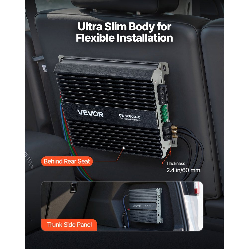 VEVOR Monoblock Car Amplifier, 1200W RMS MAX, 1/2/4 Ohm Stable, 1-Channel Class D Car Audio Amplifier with Remote Subwoofer Level Control, Low Pass Filter, Bass Boost & Phase Shift, Volume Controller