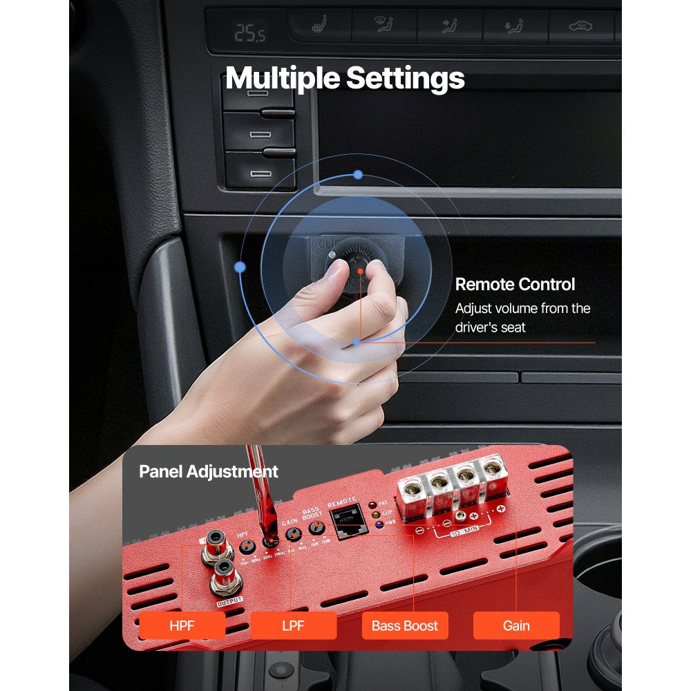 VEVOR Monoblock Car Amplifier, 3000W RMS MAX, 1/2/4 Ohm Stable, 1-Channel Class D Car Audio Amplifier with Remote Subwoofer Level Control, Low Pass Filter and Bass Boost, Volume Controller Included