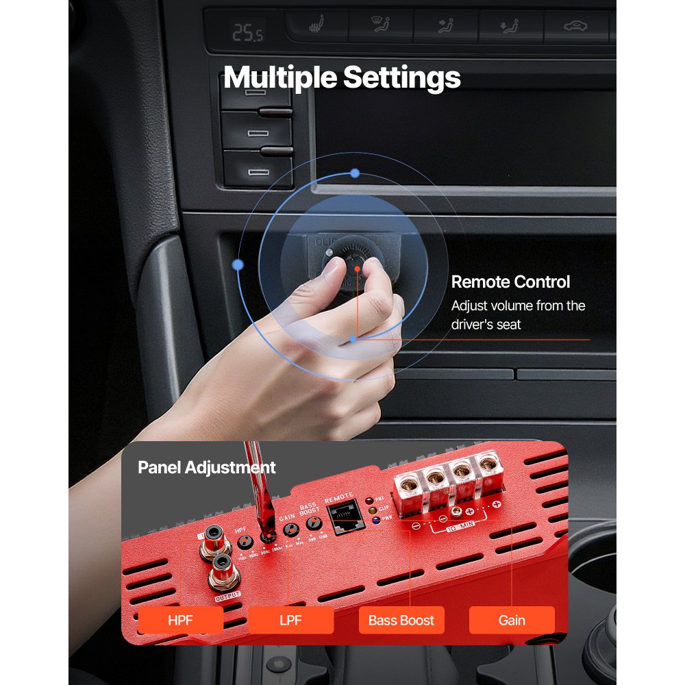 VEVOR Monoblock Car Amplifier, 2000W RMS MAX, 1/2/4 Ohm Stable, 1-Channel Class D Car Audio Amplifier with Remote Subwoofer Level Control, Low Pass Filter and Bass Boost, Volume Controller Included