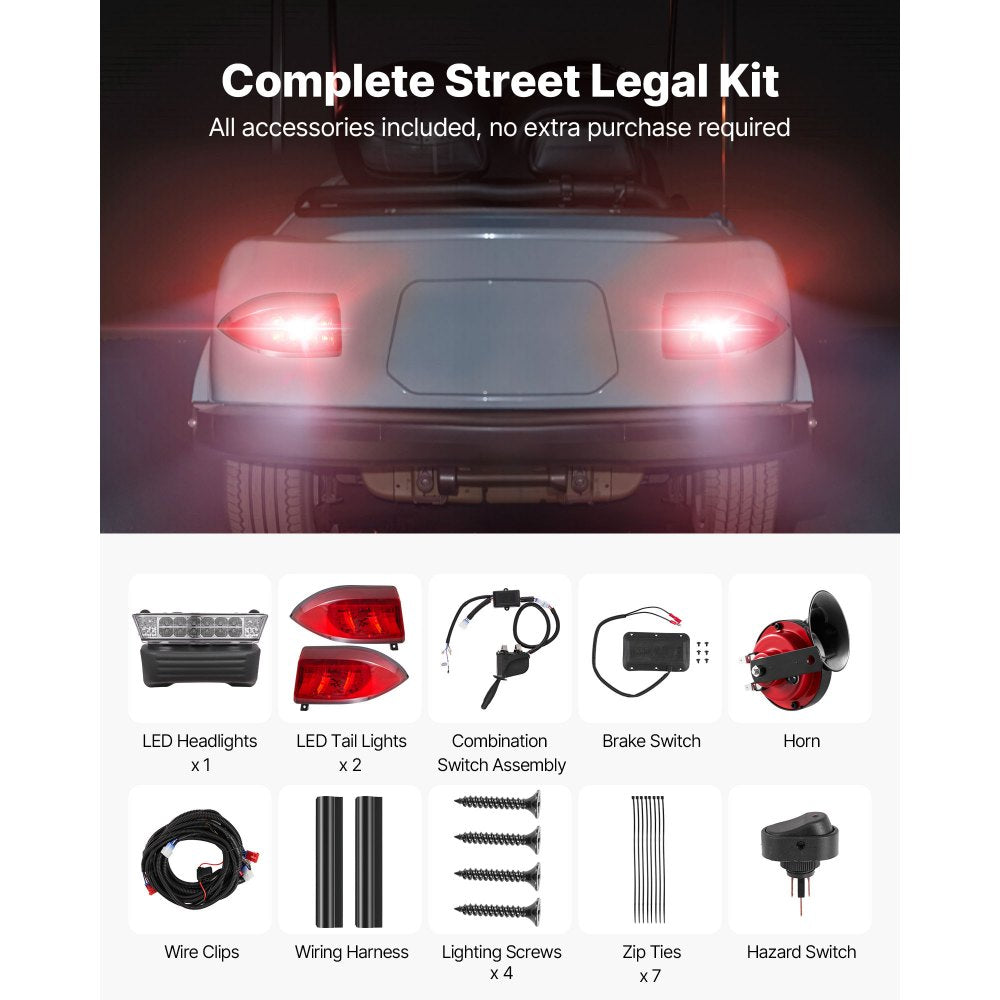 VEVOR Golf Cart Light Kit, 12V, Street Legal LED Headlight and Taillight Kit with Wiring Harness, Turn Signals, Hazard Light, Switch Horn, Brake Pad, ABS Housing, for Club Car Precedent 2004-2008