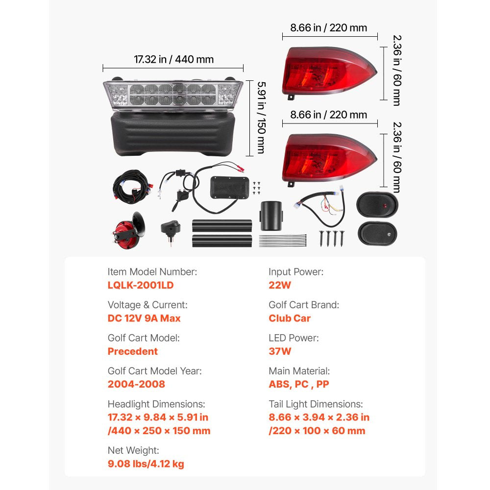 VEVOR Golf Cart Light Kit, 12V, Street Legal LED Headlight and Taillight Kit with Wiring Harness, Turn Signals, Hazard Light, Switch Horn, Brake Pad, ABS Housing, for Club Car Precedent 2004-2008