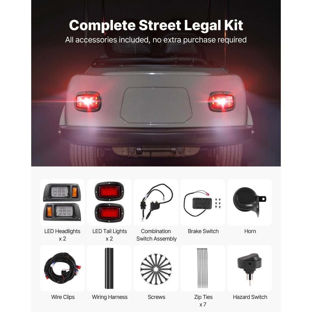 VEVOR Golf Cart Light Kit, 12 Volt, Street Legal LED Headlight and Taillight Kit with Wiring Harness, Turn Signals, Hazard Light, Switch Horn, Brake Pad, Zip Ties, ABS Housing, for Club Car DS 1993-Up