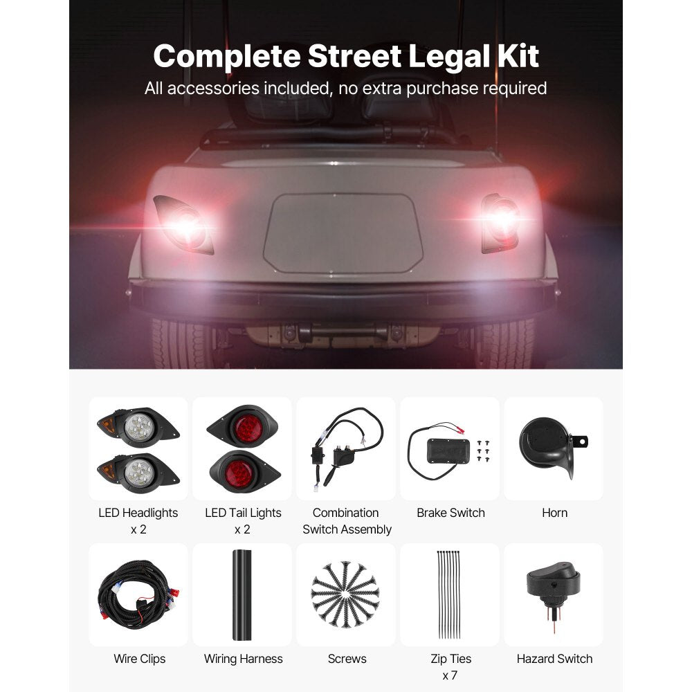 VEVOR Golf Cart Light Kit, 12 Volt, Street Legal LED Headlight and Taillight Kit with Wiring Harness, Turn Signals, Hazard Light, Switch Horn, Brake Pad, Zip Ties, ABS Housing, for Yamaha G29 2007-Up