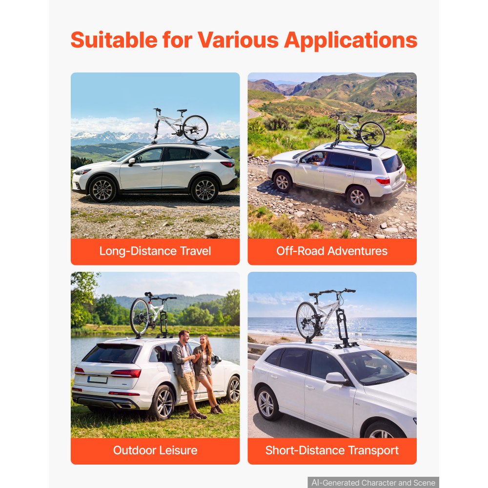 VEVOR Suction Cup Bike Rack 44 lbs Quick Release Aluminium Alloy for 1 Bike, Fits Sedan SUV Road MTB, Tool-Free Suction Mount, Low-Noise Design, Anti-Scratch Rubber Sucker, Upright Roof Bicycle Rack